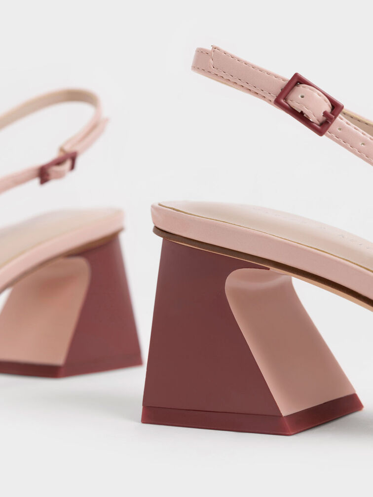 Two-Tone Trapeze Heel Slingback Pumps, Pink, hi-res