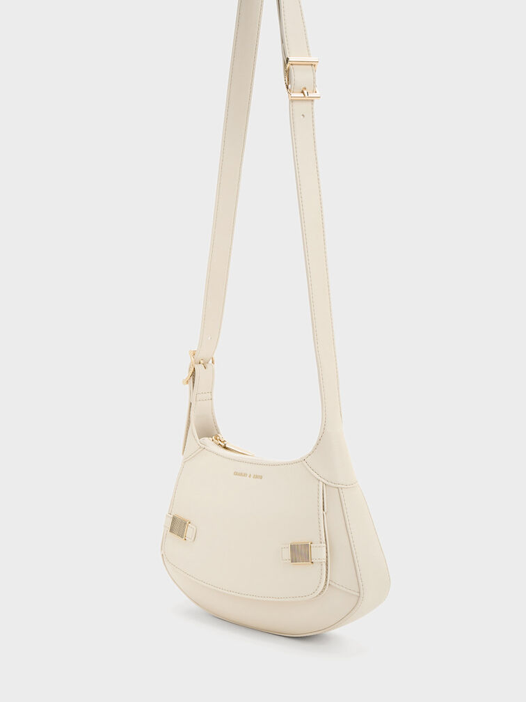 Metallic-Accent Curved Shoulder Bag, Chalk, hi-res