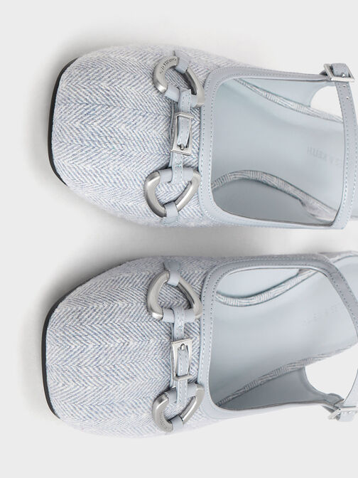 Woven Fabric Metallic-Accent Flat Mules, Light Blue, hi-res