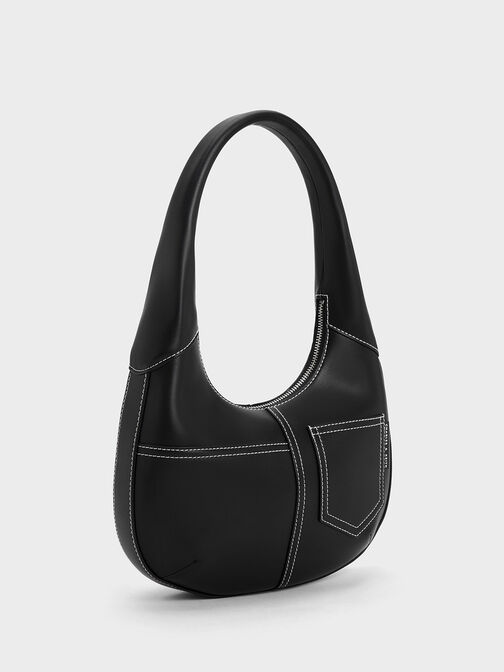 Anthea Contrast-Trim Curved Hobo Bag, Black, hi-res