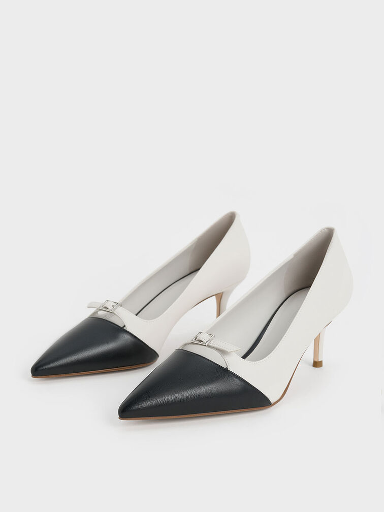 Two-Tone Buckle-Strap Pointed-Toe Pumps, White, hi-res