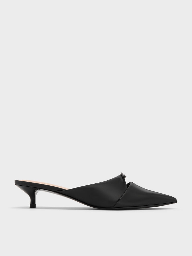 Crystal-Buckle Pointed-Toe Kitten-Heel Mules, Black, hi-res