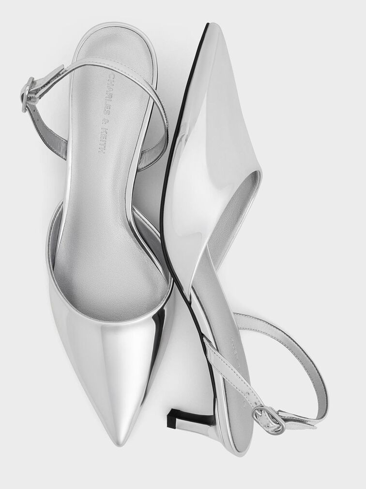 Metallic Pointed-Toe Slingback Kitten Heels, Silver, hi-res