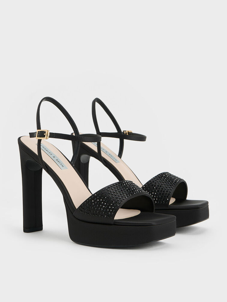 Recycled Polyester Crystal-Embellished Platform Sandals, Black Textured, hi-res
