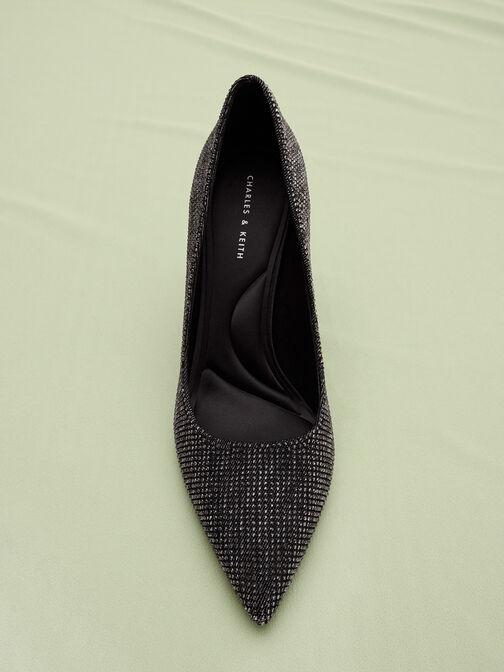Denim Pointed-Toe Spool-Heel Pumps, Black Textured Denim Pointed-Toe Spool-Heel Pumps, Black Textured, hi-res