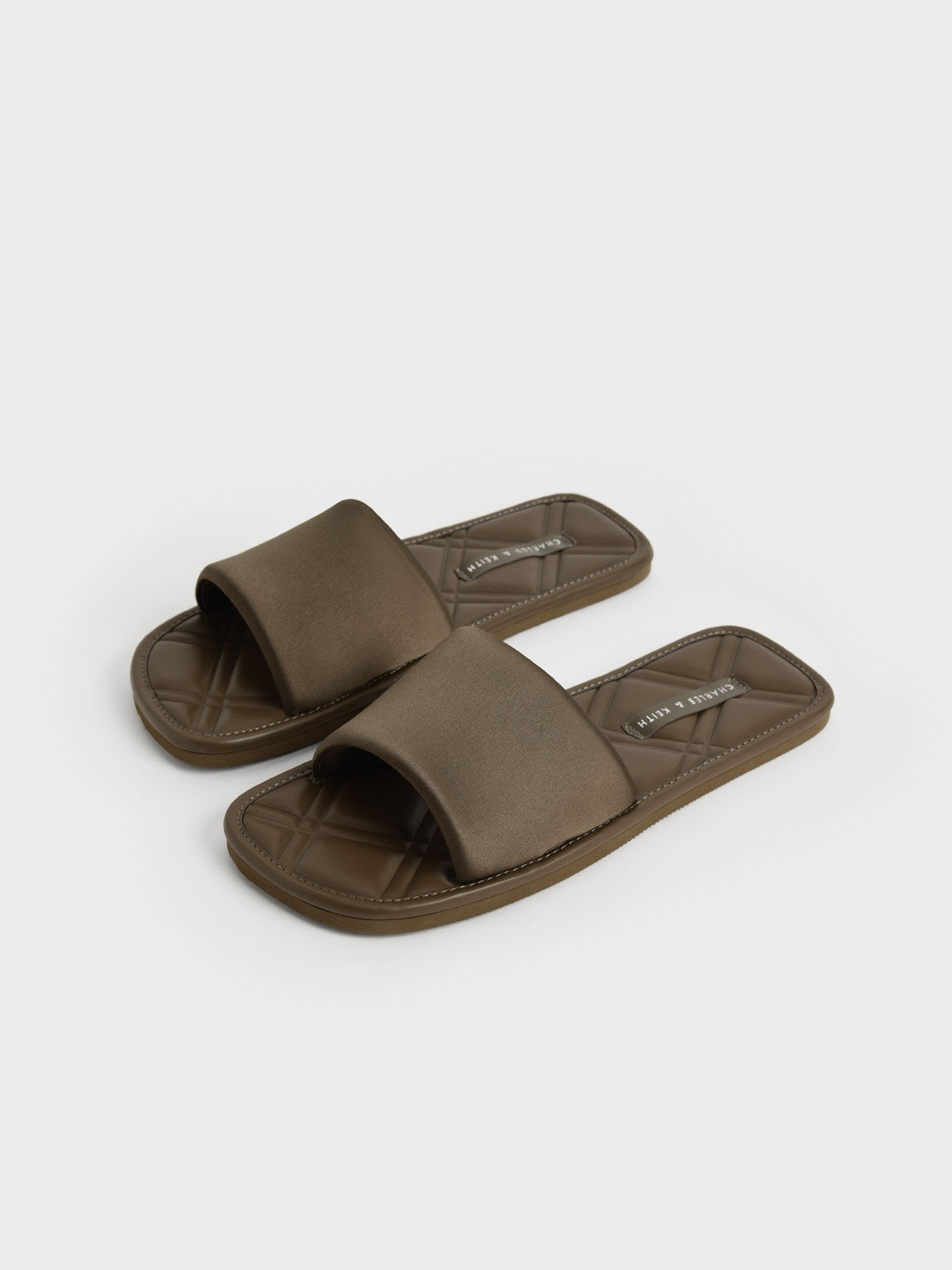 Satin Padded Slides, Olive, hi-res