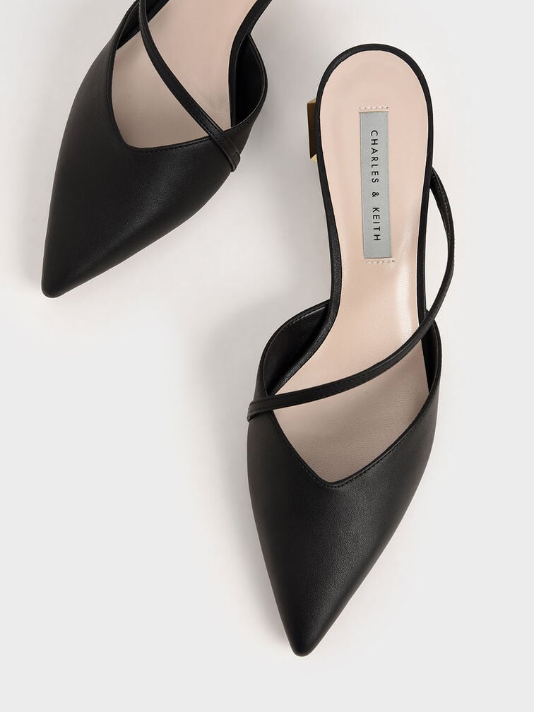 Everly Asymmetric Strap Chrome Heel Mules, Black, hi-res