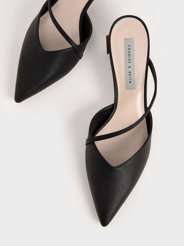 Everly Asymmetric Strap Chrome Heel Mules, Black, hi-res