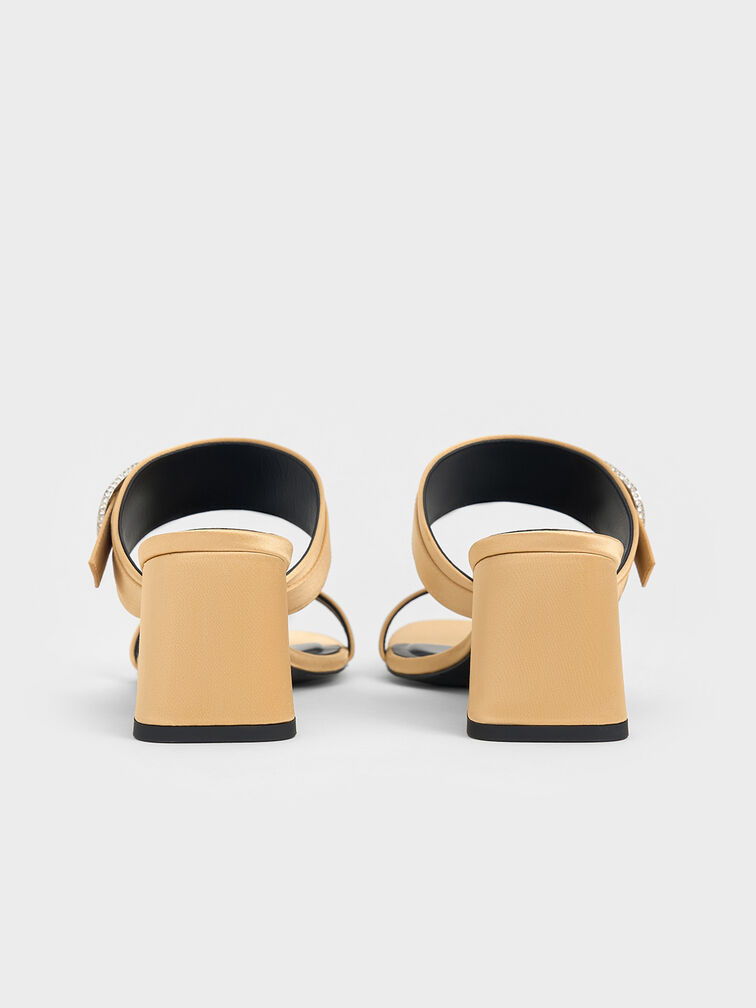 Recycled Polyester Crystal-Buckle Block-Heel Mules, Champagne, hi-res