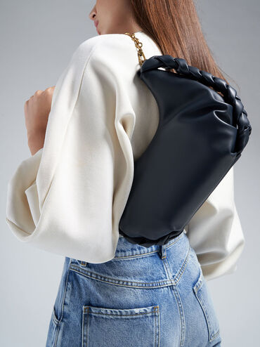 حقيبة آبي هوبو بتصميم مضفر مزودة بمقبض على شكل سلسلة, كحلي, hi-res
