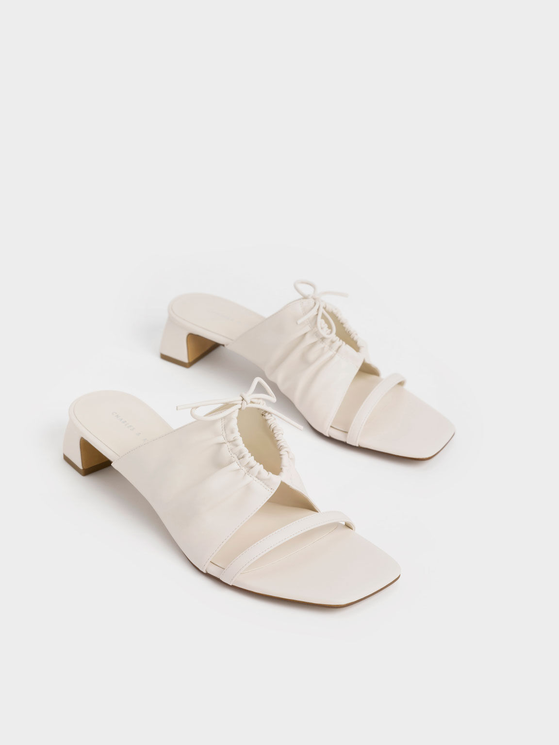 Bow-Tie Ruched Heeled Mules, Cream, hi-res