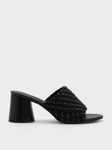 Canvas Interwoven Block Heel Mules, Black, hi-res