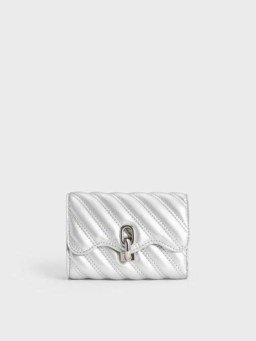 Freja Wavy Metallic Quilted Wallet, Silver, hi-res