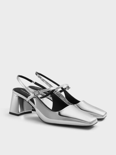 Metallic Square-Toe Mary Jane Slingback Pumps, Silver, hi-res