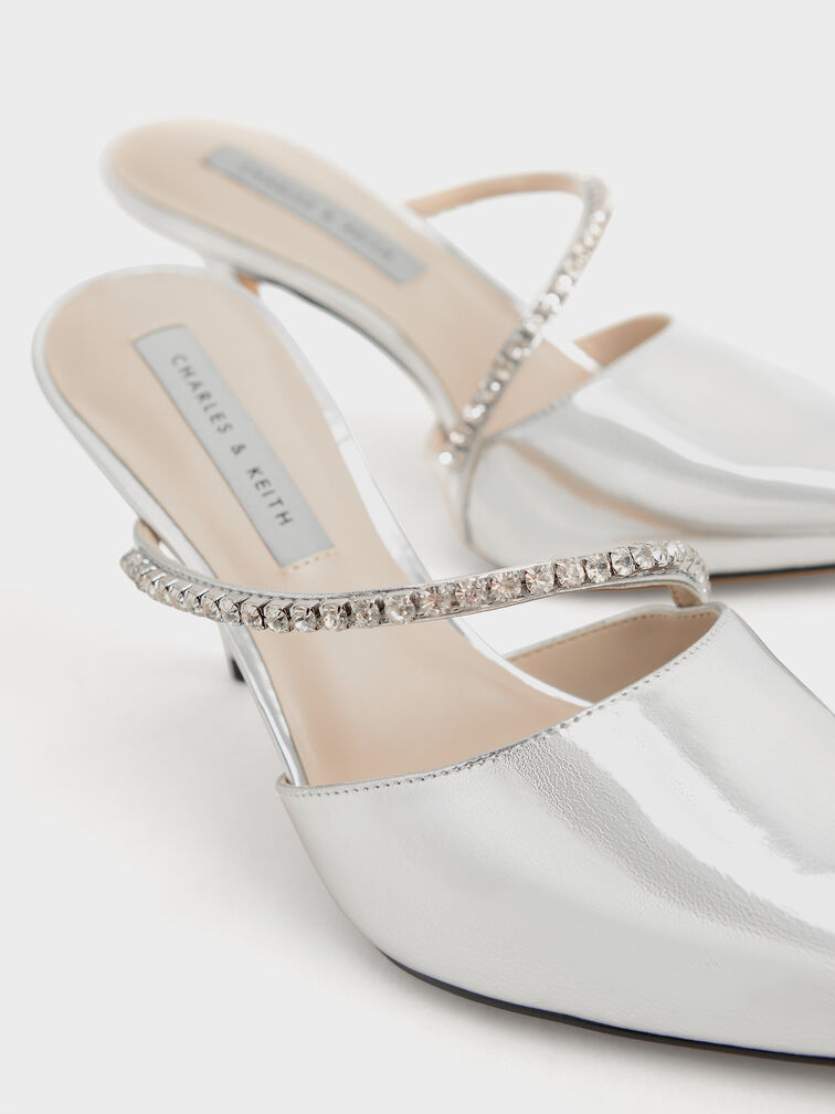 Gem-Encrusted Metallic Stiletto Mules, Silver, hi-res