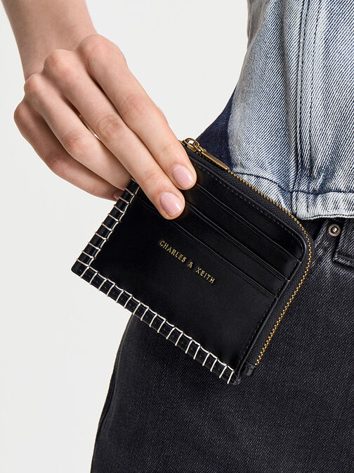 Circe Stitch-Trim Zip Around Card Holder, Black, hi-res