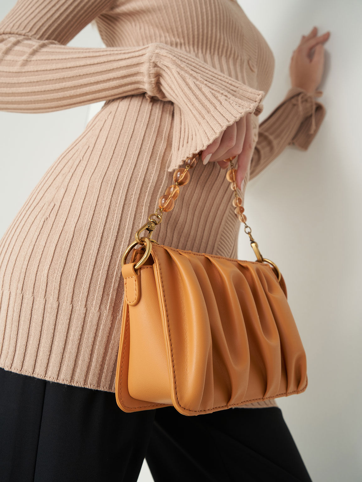 Orange Ruched Bead-Handle Shoulder Bag - CHARLES & KEITH SA Orange Ruched Bead-Handle Shoulder Bag - CHARLES & KEITH SA