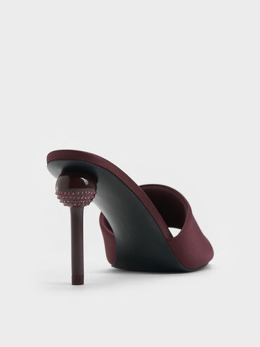 Satin Crystal-Embellished Ball-Heel Mules, Burgundy, hi-res
