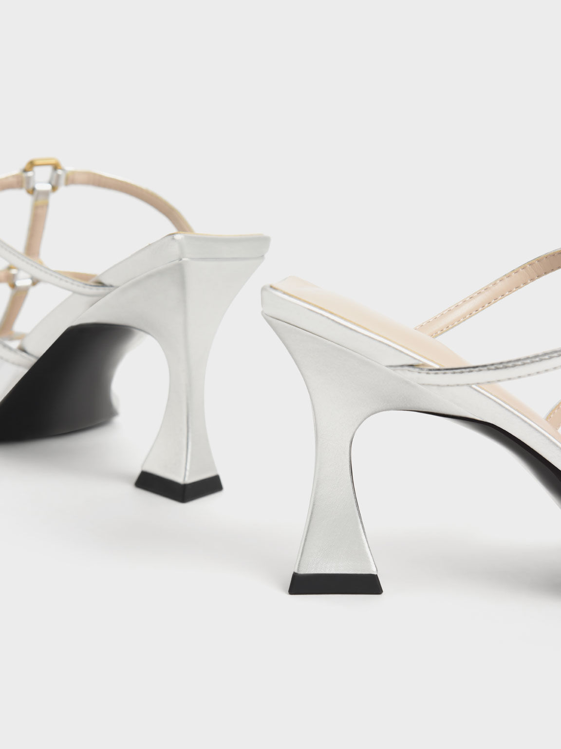 Strappy Sculptural Heel Mules, Silver, hi-res