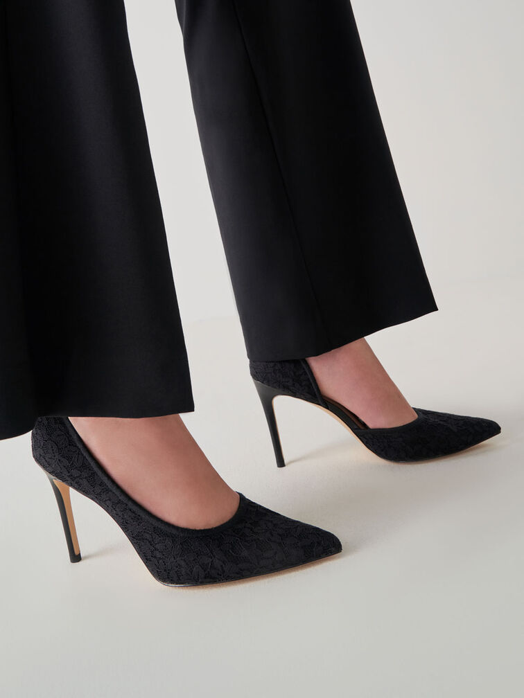 Lace & Mesh Half D'Orsay Stiletto Pumps, Black, hi-res