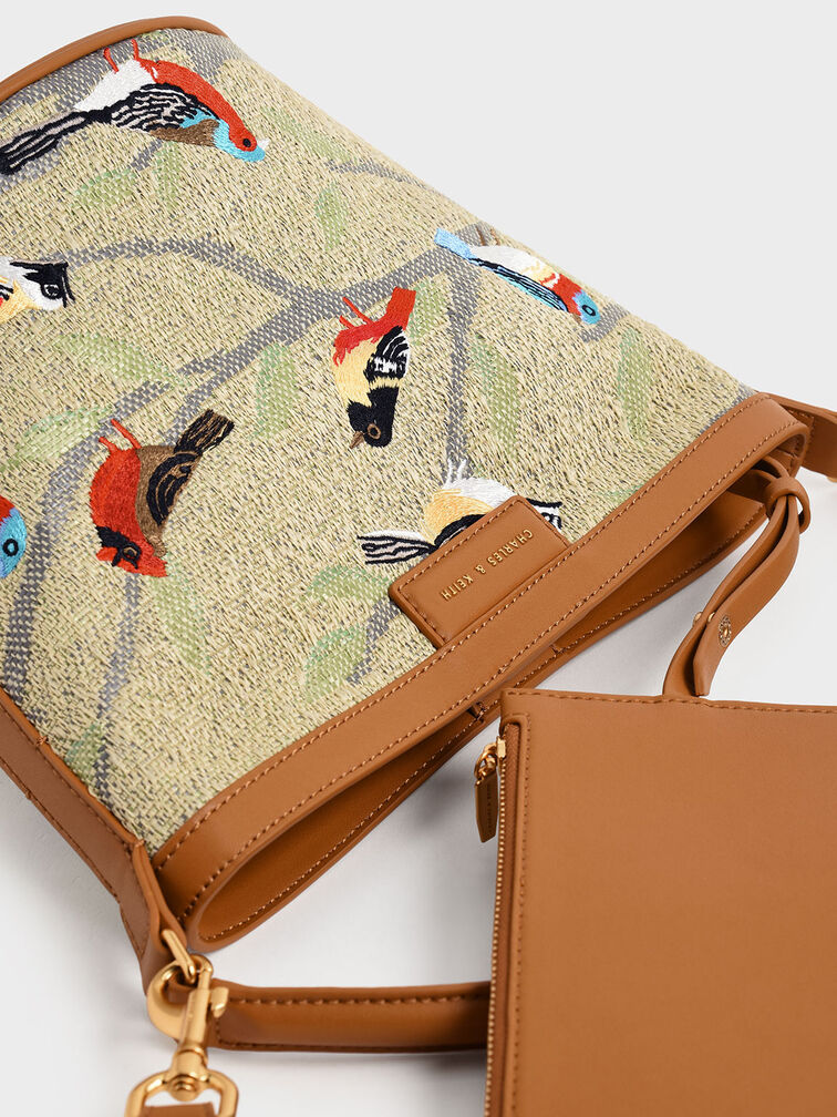 حقيبة يد على شكل دلو من قماش الجاكار مع طبعة طيور, متعدد, hi-res
