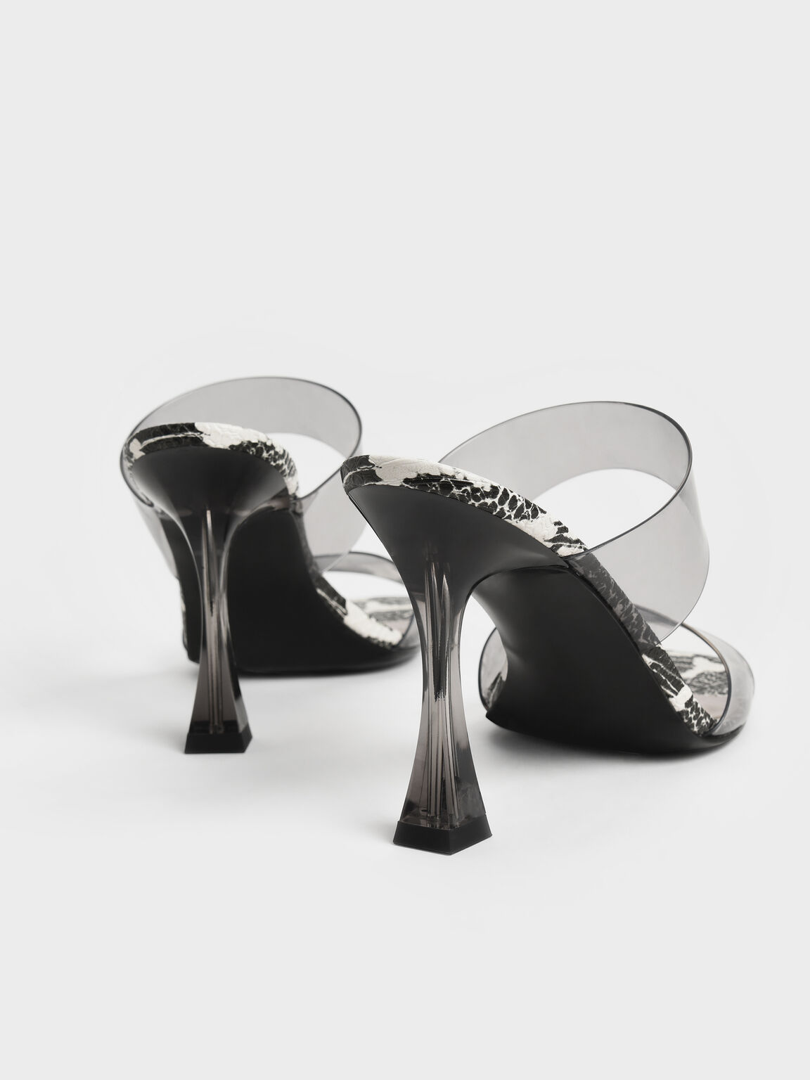 Snake-Print See-Through Heeled Mules, Animal Print Black, hi-res