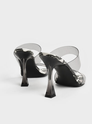 Snake-Print See-Through Heeled Mules, Animal Print Black, hi-res