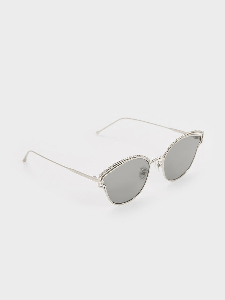 Braided Wire-Frame Cateye Sunglasses, Silver, hi-res