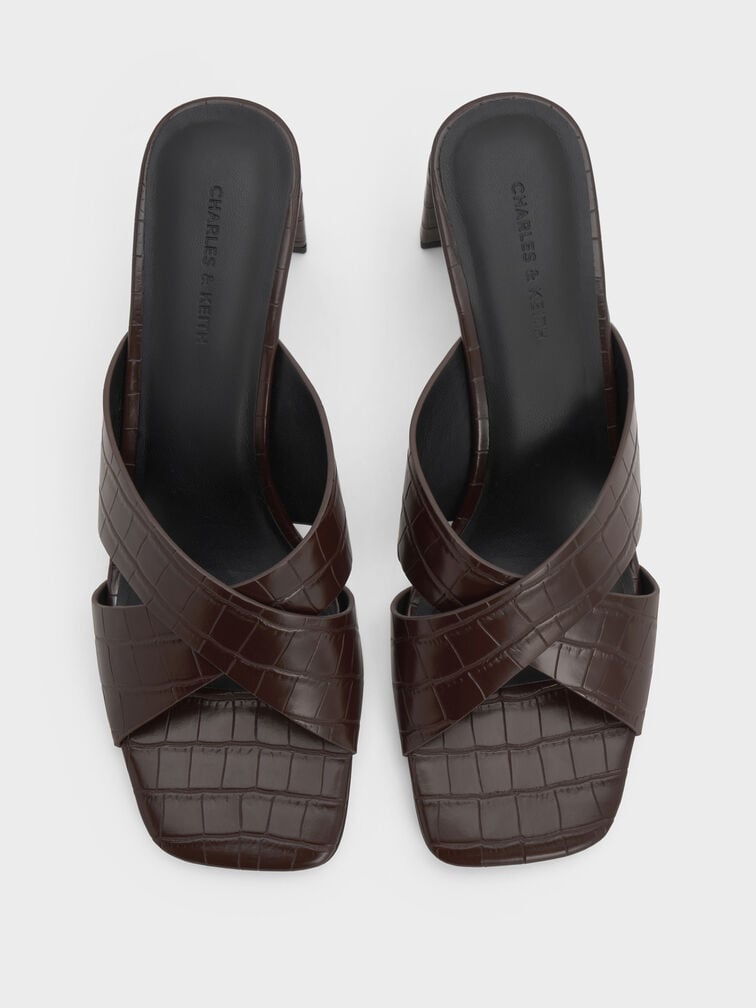 Georgina Croc-Effect Crossover-Strap Blade-Heel Mules, Animal Print Brown, hi-res