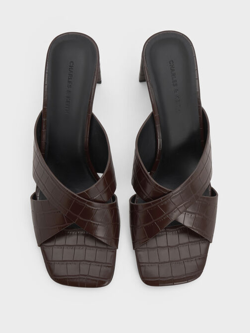 Georgina Croc-Effect Crossover-Strap Blade-Heel Mules, Animal Print Brown, hi-res