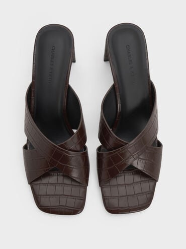 Georgina Croc-Effect Crossover-Strap Blade-Heel Mules, Animal Print Brown, hi-res