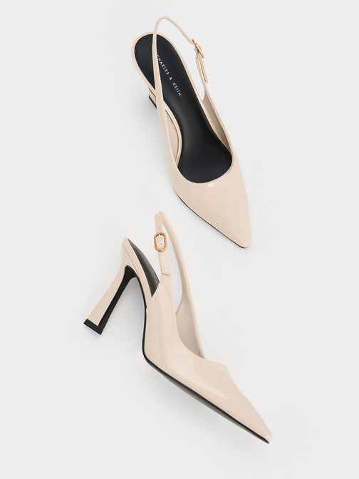 Patent Trapeze Heel Slingback Pumps, Cream, hi-res