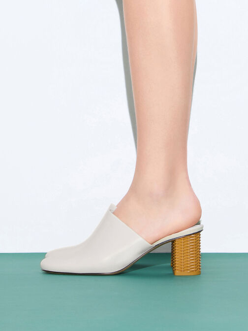 Rattan Block Heel Mules, White, hi-res