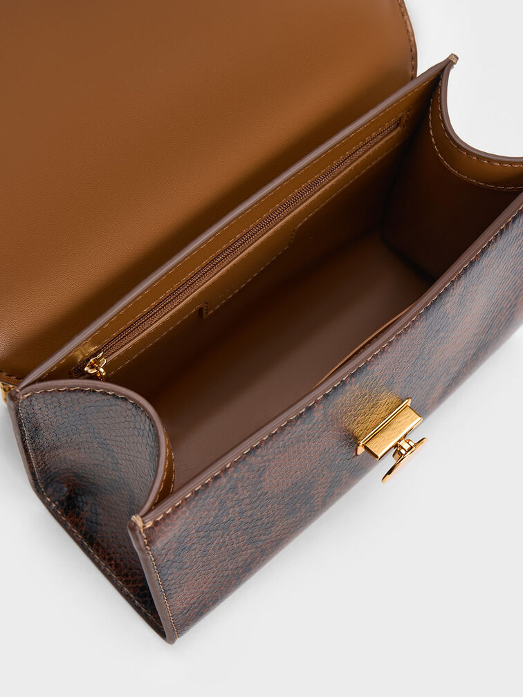 Snake Print Metallic Accent Clutch, Chocolate, hi-res