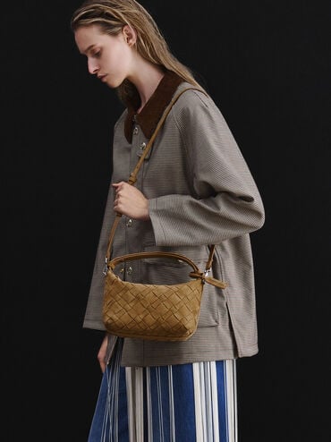 Ivette Recycled Suede Woven Shoulder Bag, Sahara Sand, hi-res