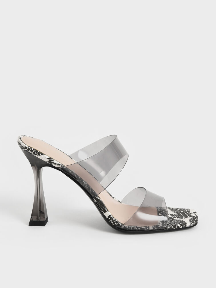 Snake-Print See-Through Heeled Mules, Animal Print Black, hi-res