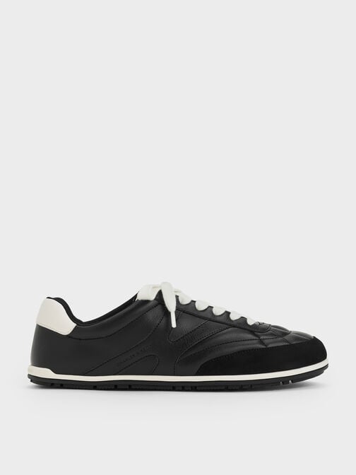 Faux Suede Two-Tone Low-Top Sneakers, Black, hi-res