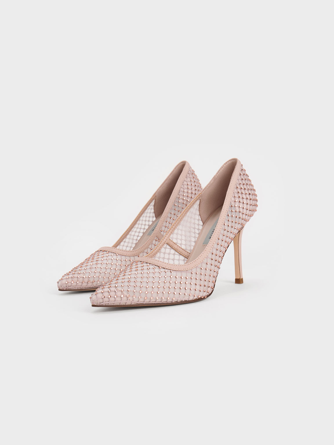 Nude Gem-Encrusted Mesh Heeled Pumps - CHARLES & KEITH SA