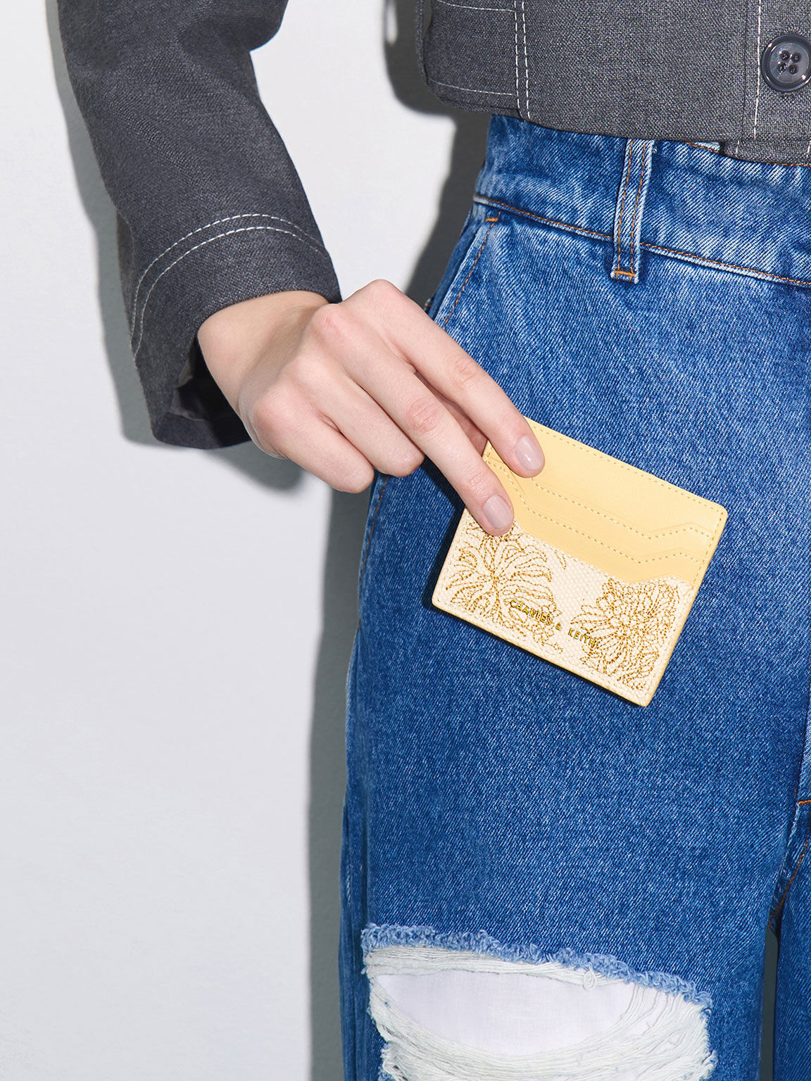 Floral Illustrated Canvas Cardholder, Beige, hi-res