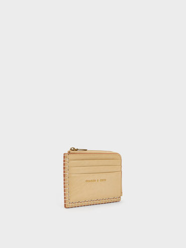 Circe Stitch-Trim Zip Around Card Holder, Beige, hi-res