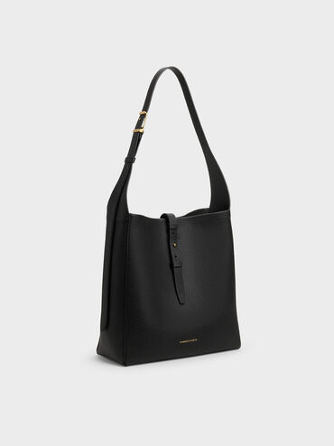 Beryl Recycled Leather Belted Hobo Bag, Black, hi-res