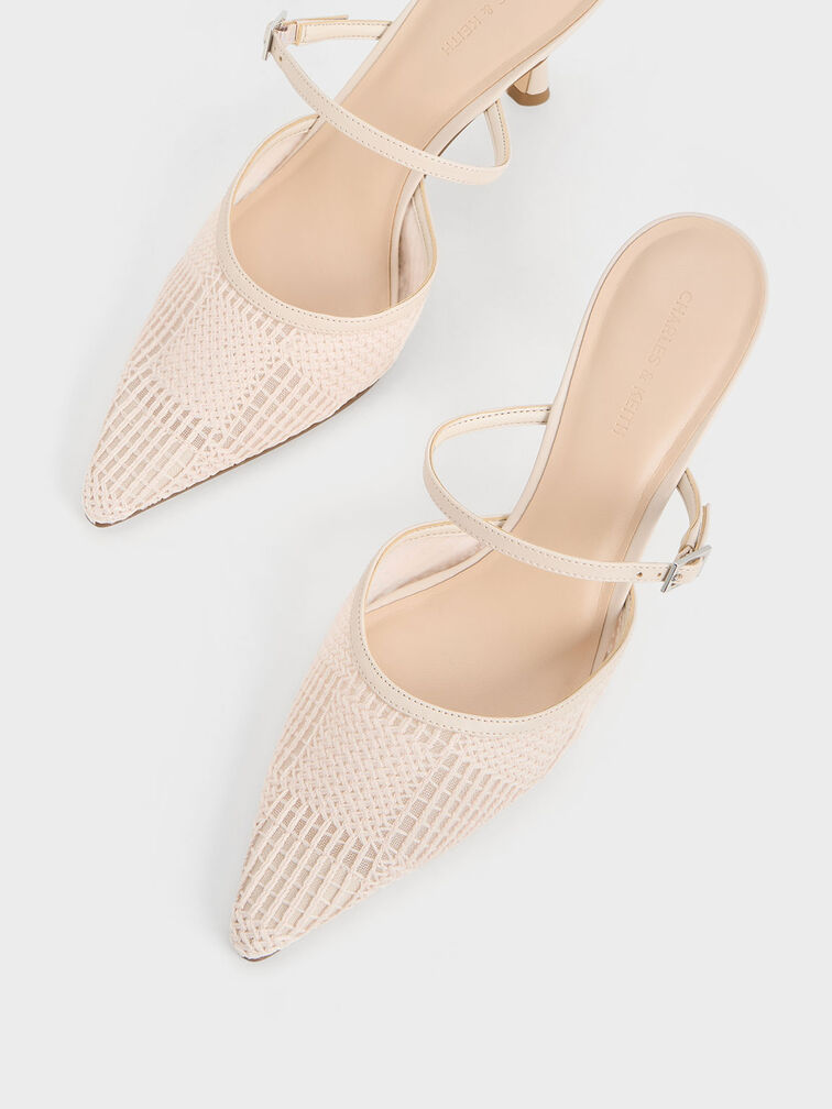 Mesh Woven Heeled Mules, Cream, hi-res