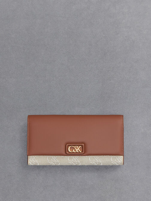 Leather & Canvas Chain-Strap Wallet, Cognac, hi-res