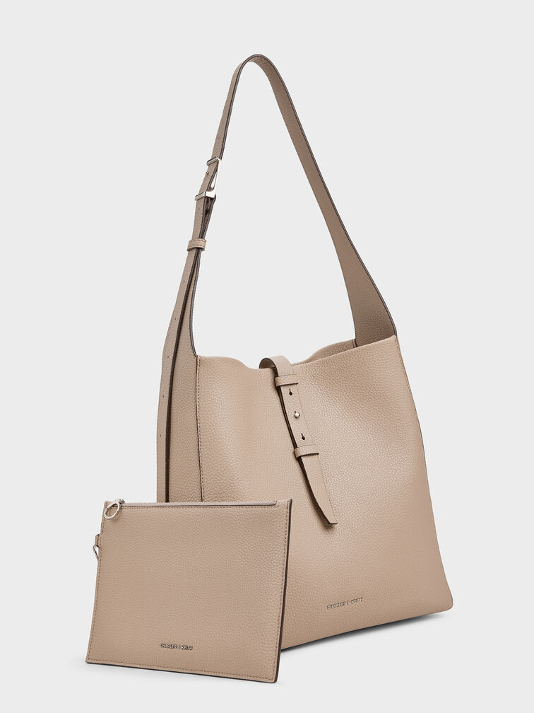 Beryl Recycled Leather Belted Hobo Bag, Taupe, hi-res