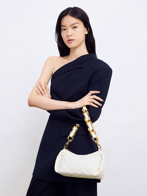Nezu Chain Handle Quilted Hobo Bag, White, hi-res
