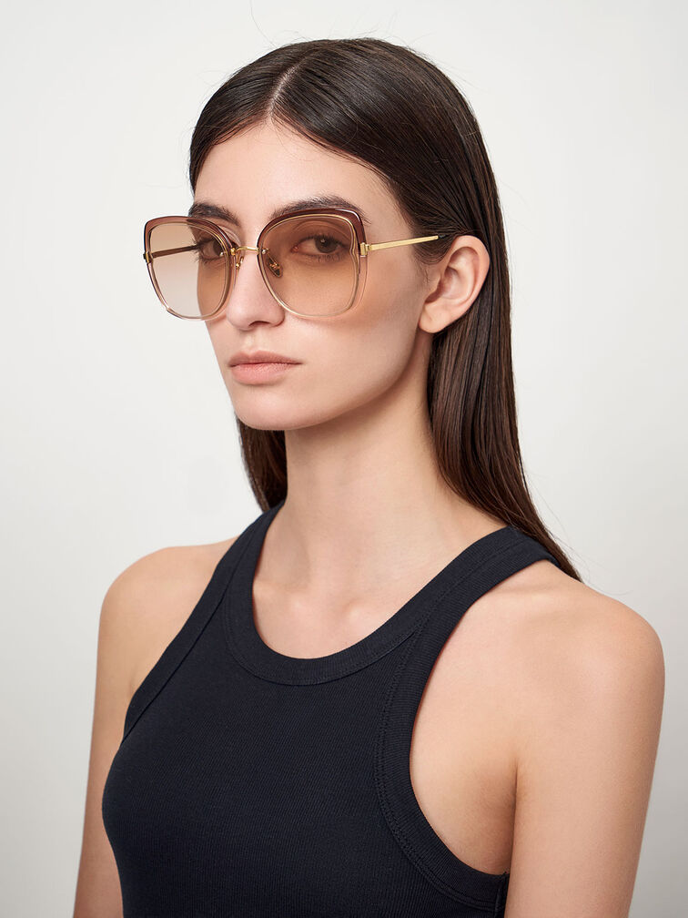Wire-Frame Butterfly Sunglasses, Brown, hi-res