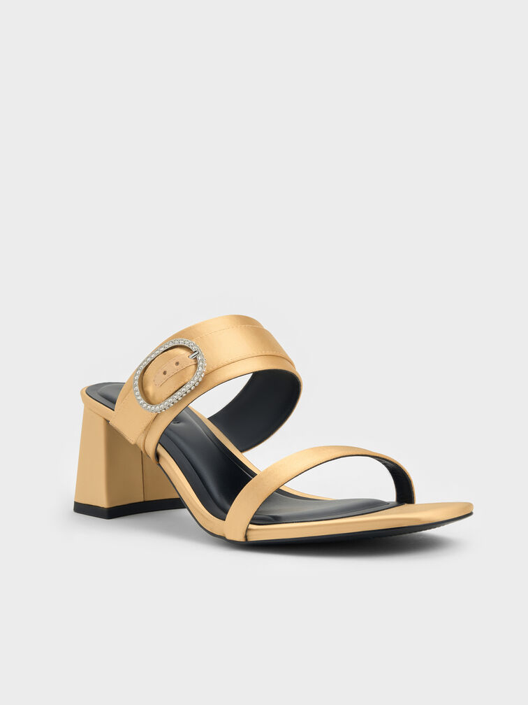 Recycled Polyester Crystal-Buckle Block-Heel Mules, Champagne, hi-res