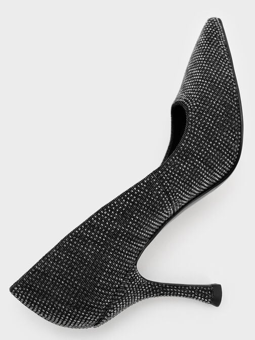 Denim Pointed-Toe Spool-Heel Pumps, Black Textured Denim Pointed-Toe Spool-Heel Pumps, Black Textured, hi-res