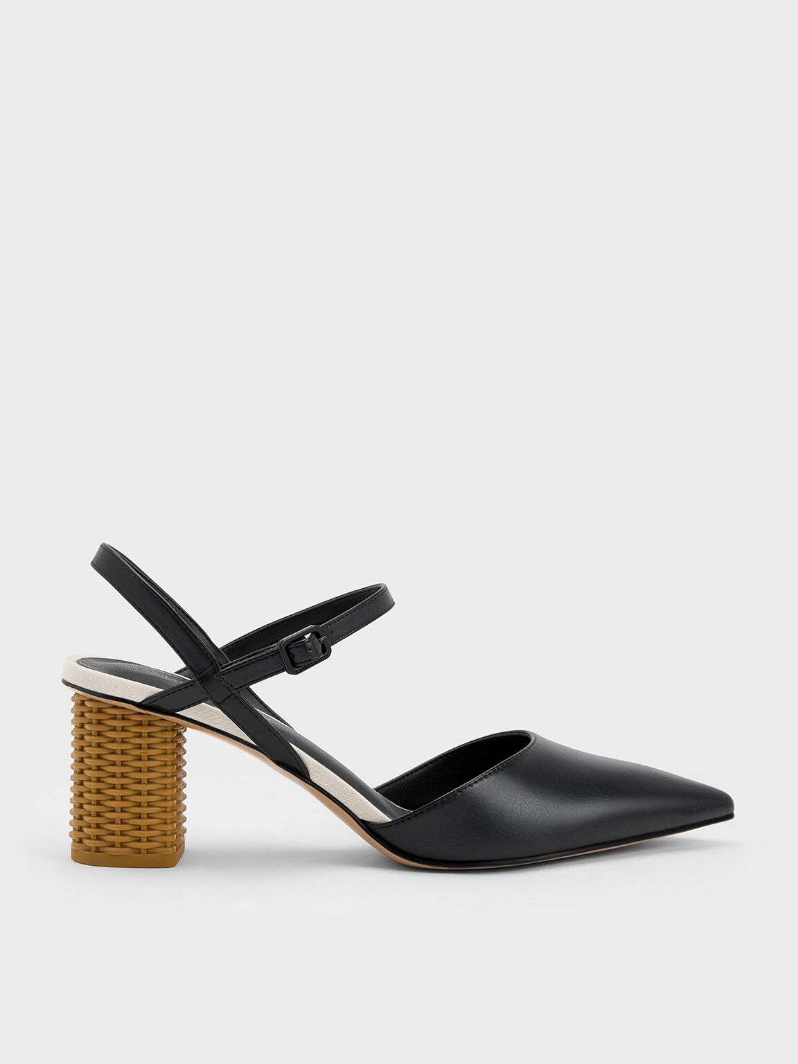 Rattan Block Heel Pumps, Black, hi-res