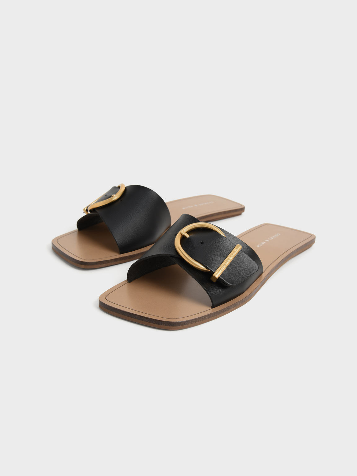 Square Toe Buckled Slides, Black, hi-res